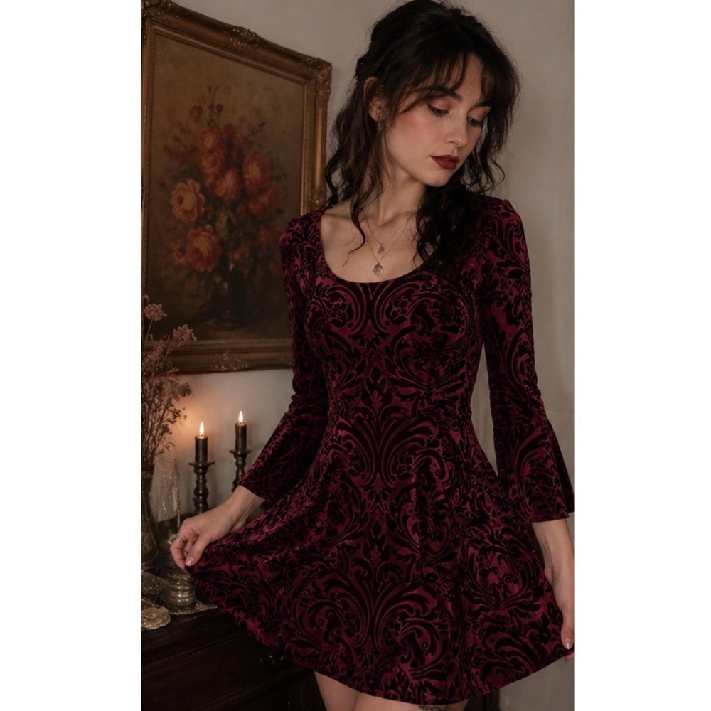 Burgundy Burnout Velvet Dress Women‎ Small Whimsigoth Bell Sleeve Emerald Sundae